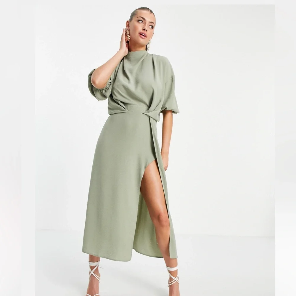 ASOS Cowl Neck Skate Midi Dress w/ Open Back - Sage Green - Size 4 - Picture 5 of 7